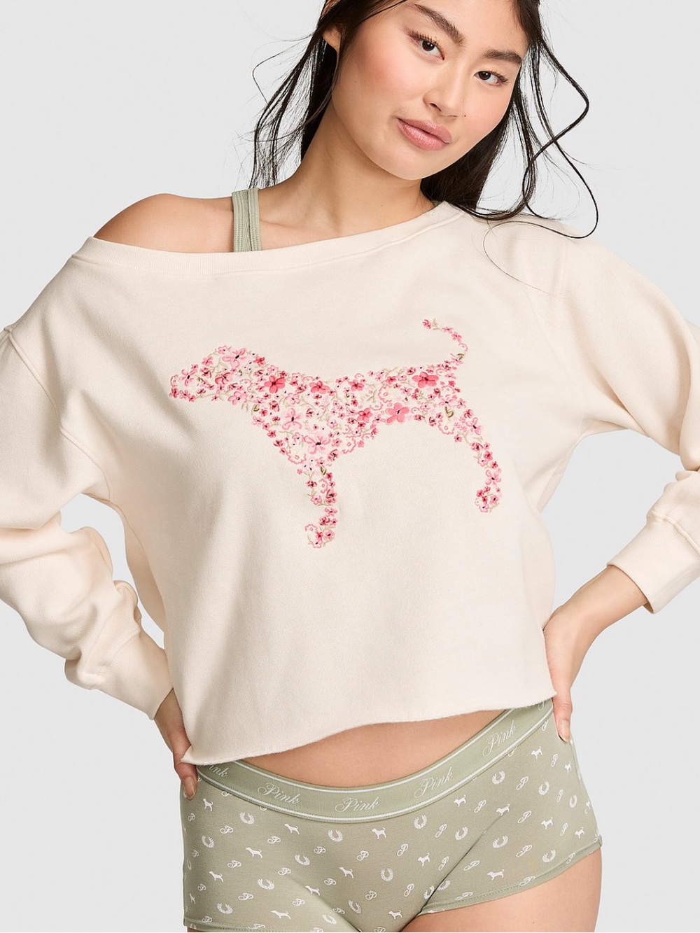 Campus Fleece Rib Off-The-Shoulder Sweatshirt | PINK